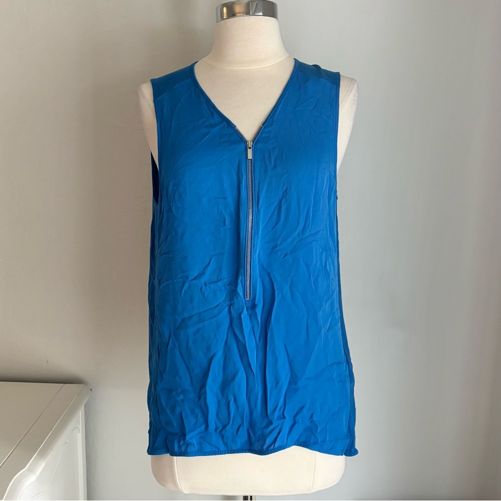The Kooples Sport Zip Front Sleeveless Silk Mix Top in Cobalt Blue, Size Medium